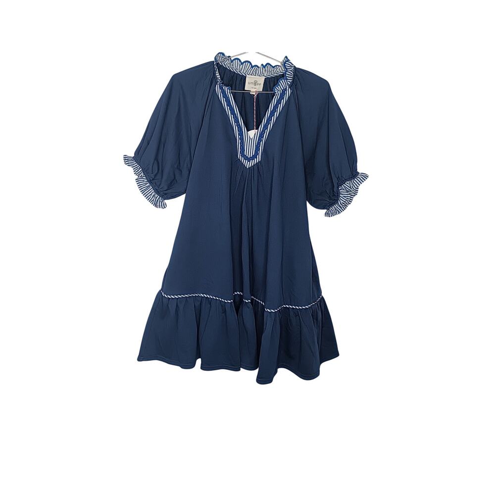 New with tags Umgee French Terry Mini Dress S Blue Ruffle Striped Trim Boho - Picture 4 of 16